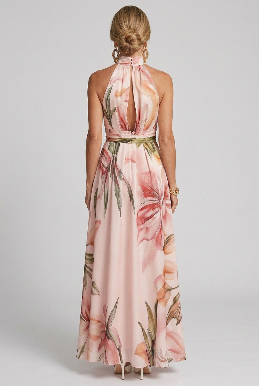 Arabella | Fließendes Herbst-Maxikleid mit floralem Neckholder