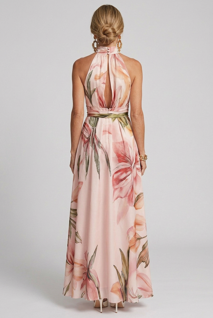 Arabella | Fließendes Herbst-Maxikleid mit floralem Neckholder