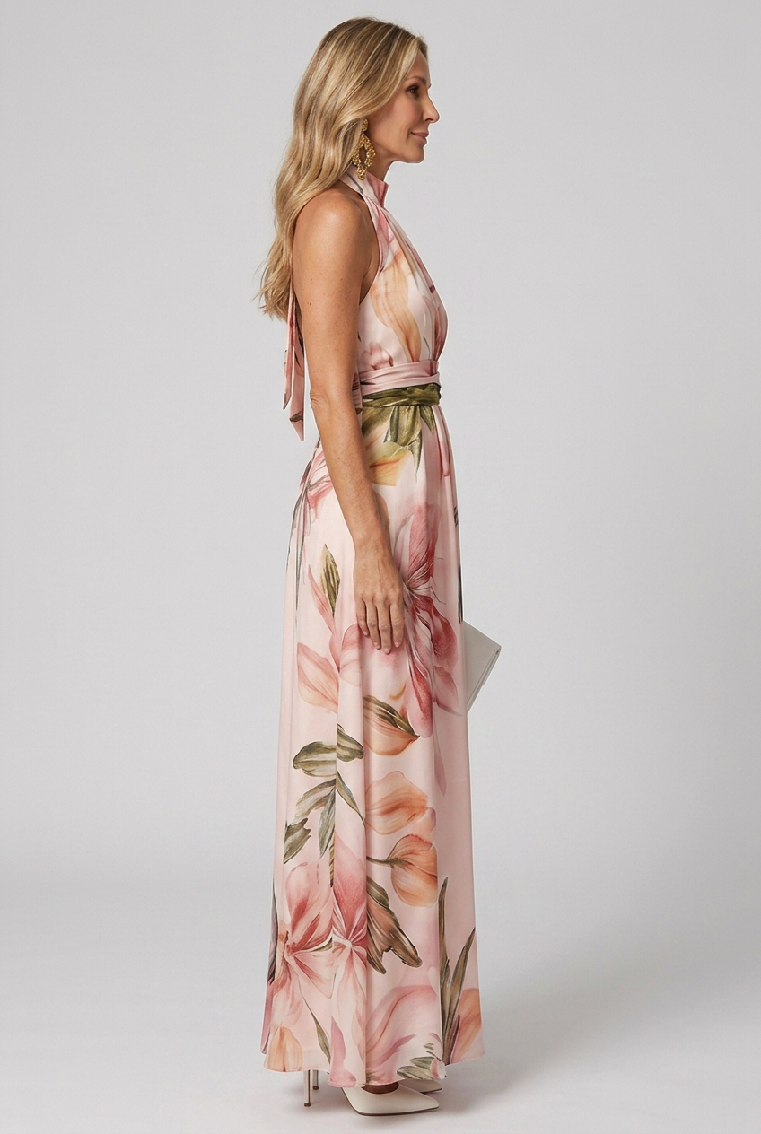 Arabella | Fließendes Herbst-Maxikleid mit floralem Neckholder