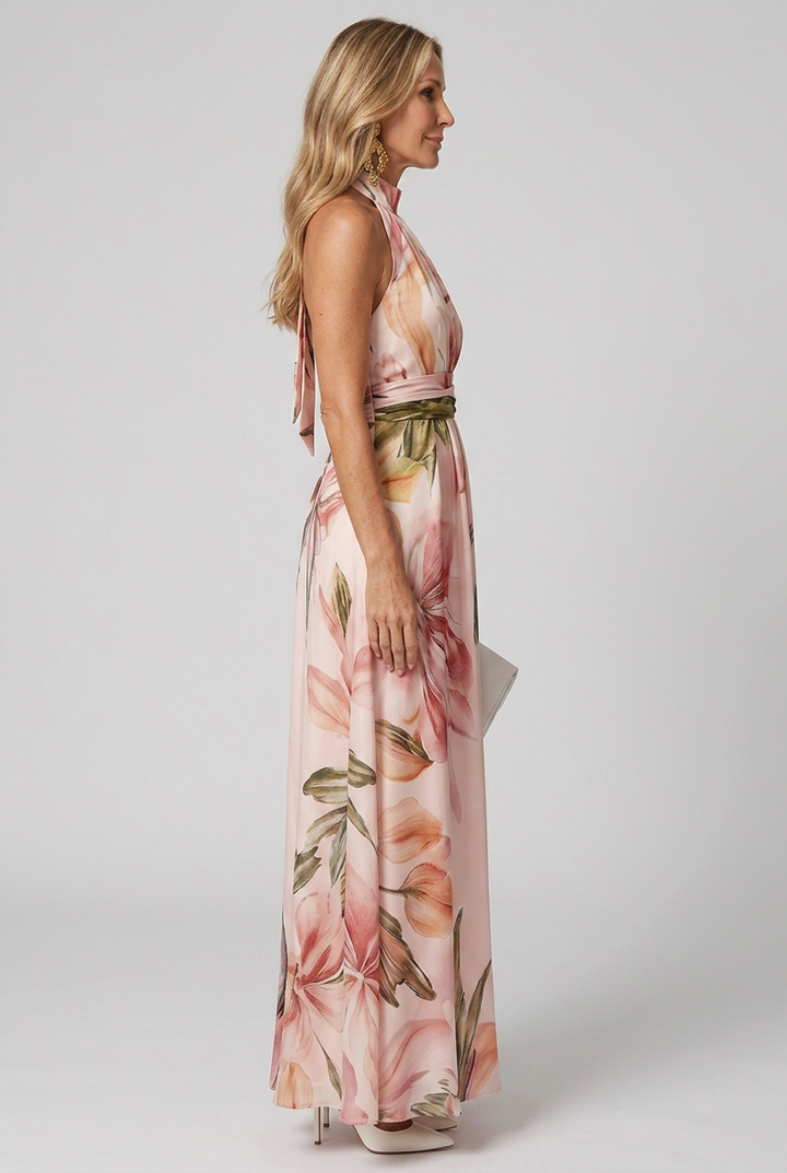Arabella | Fließendes Herbst-Maxikleid mit floralem Neckholder