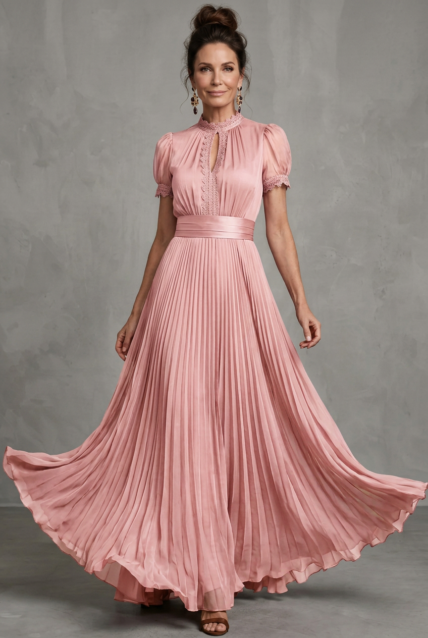 Delphine | Tie-Neck Lace-Trim Pleated Maxi Dress