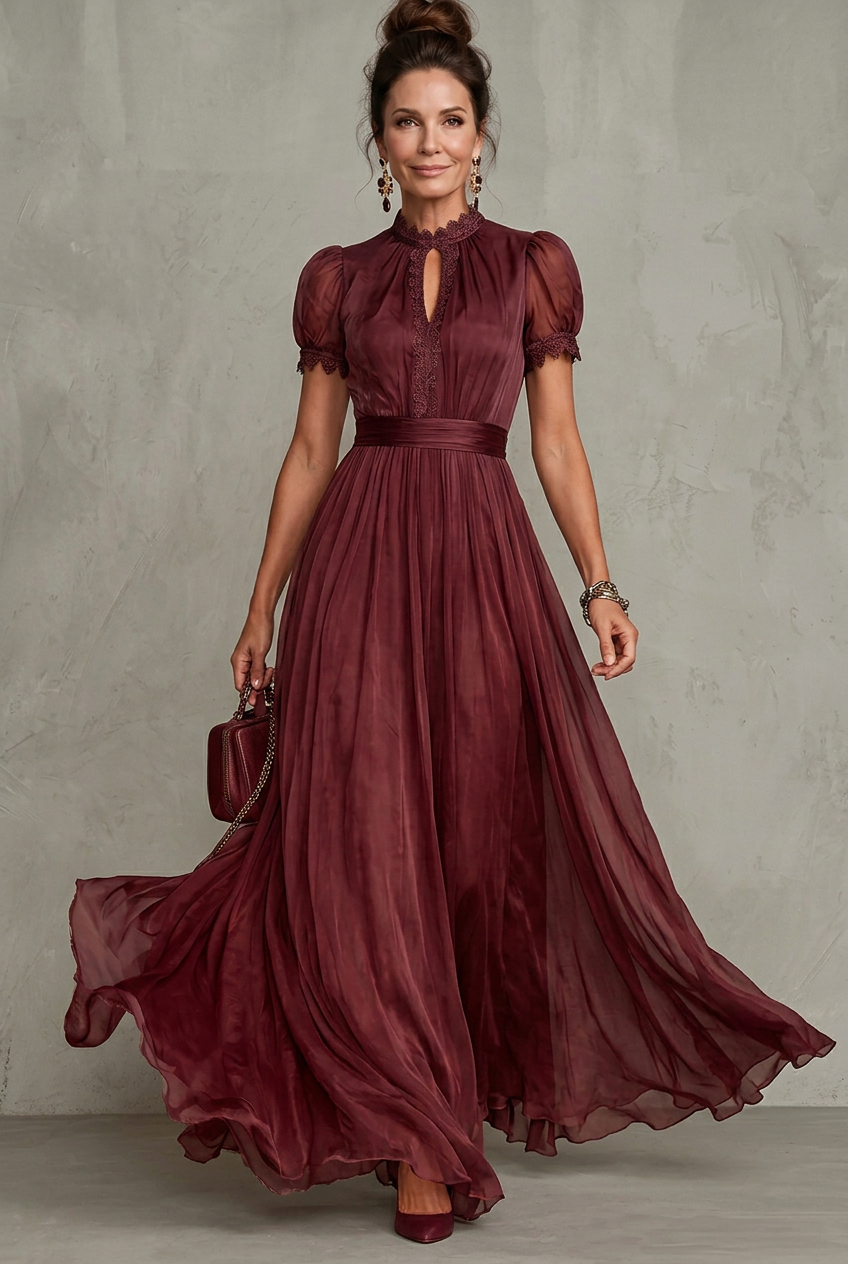 Delphine | Gefälteltes Herbst-Maxikleid mit Bindekragen und Spitzenbesatz