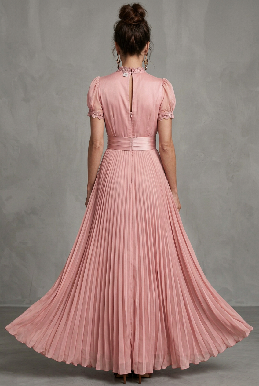 Delphine | Gefälteltes Herbst-Maxikleid mit Bindekragen und Spitzenbesatz