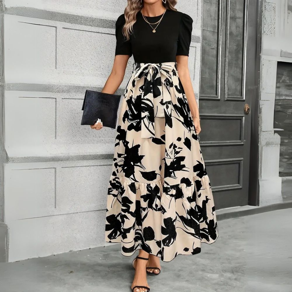 Elara | Elegant Floral Maxi Dress with Puff Sleeves & Tie Waist for Women 0