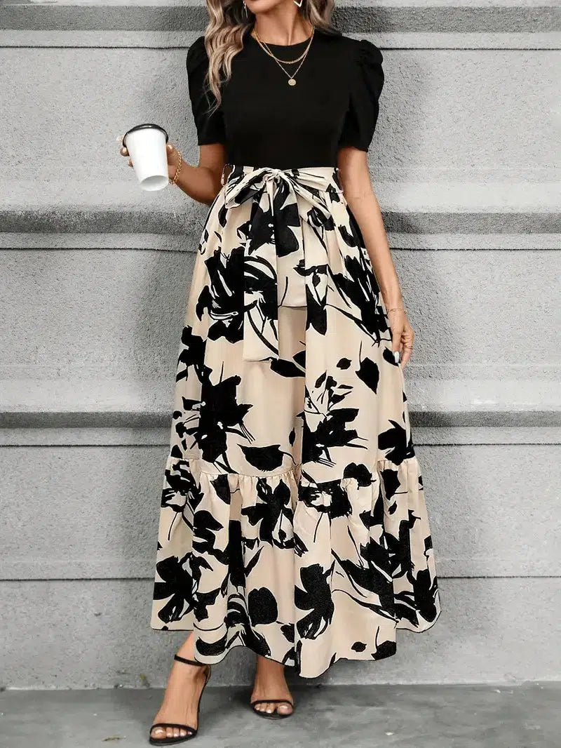 Elara | Elegant Floral Maxi Dress with Puff Sleeves & Tie Waist for Women 5