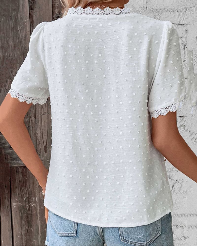 Eleanor | Women's Bohemian Swiss Dot Lace Trim V-Neck Blouse 2
