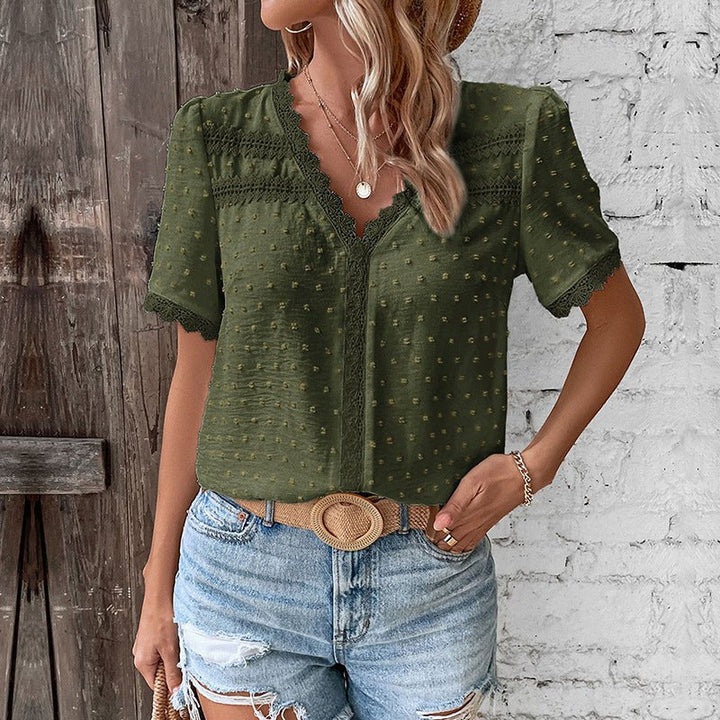 Eleanor | Women's Bohemian Swiss Dot Lace Trim V-Neck Blouse 4