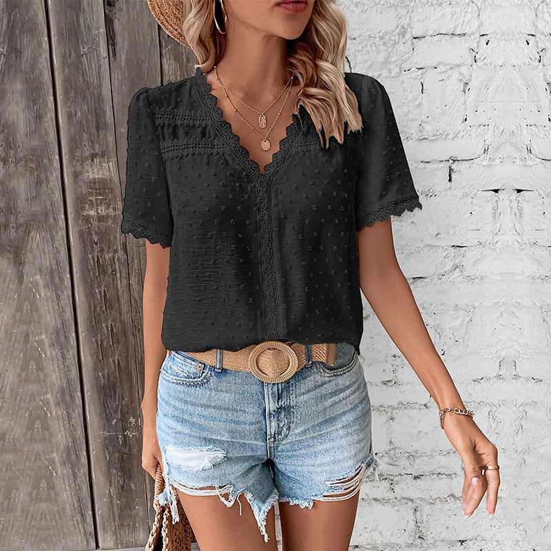 Eleanor | Women's Bohemian Swiss Dot Lace Trim V-Neck Blouse 6