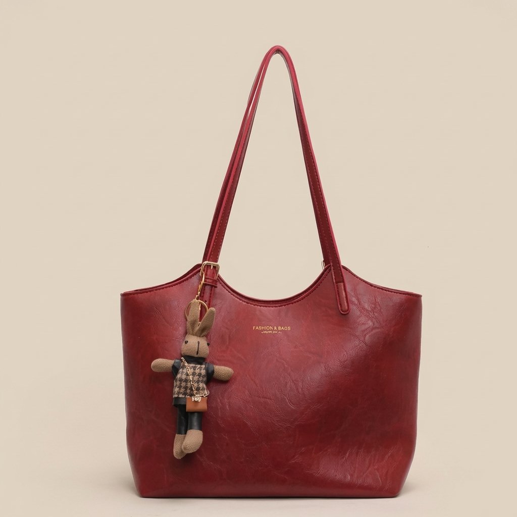 Eleanor | Women's Soft Vegan Leather Shoulder Tote Bag Plush Bunny Charm 4