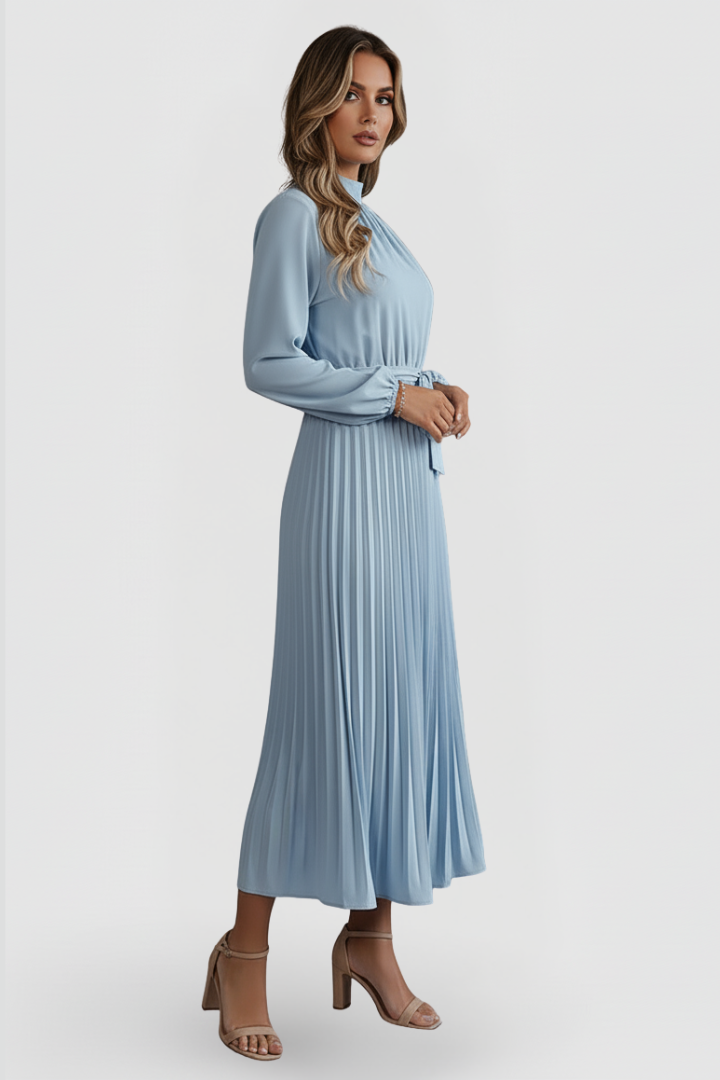 Elowen | Elegant Black Dress – Women's Mock Neck Long Sleeve Pleated Midi Dress for Wedding Guests and Formal Events 2