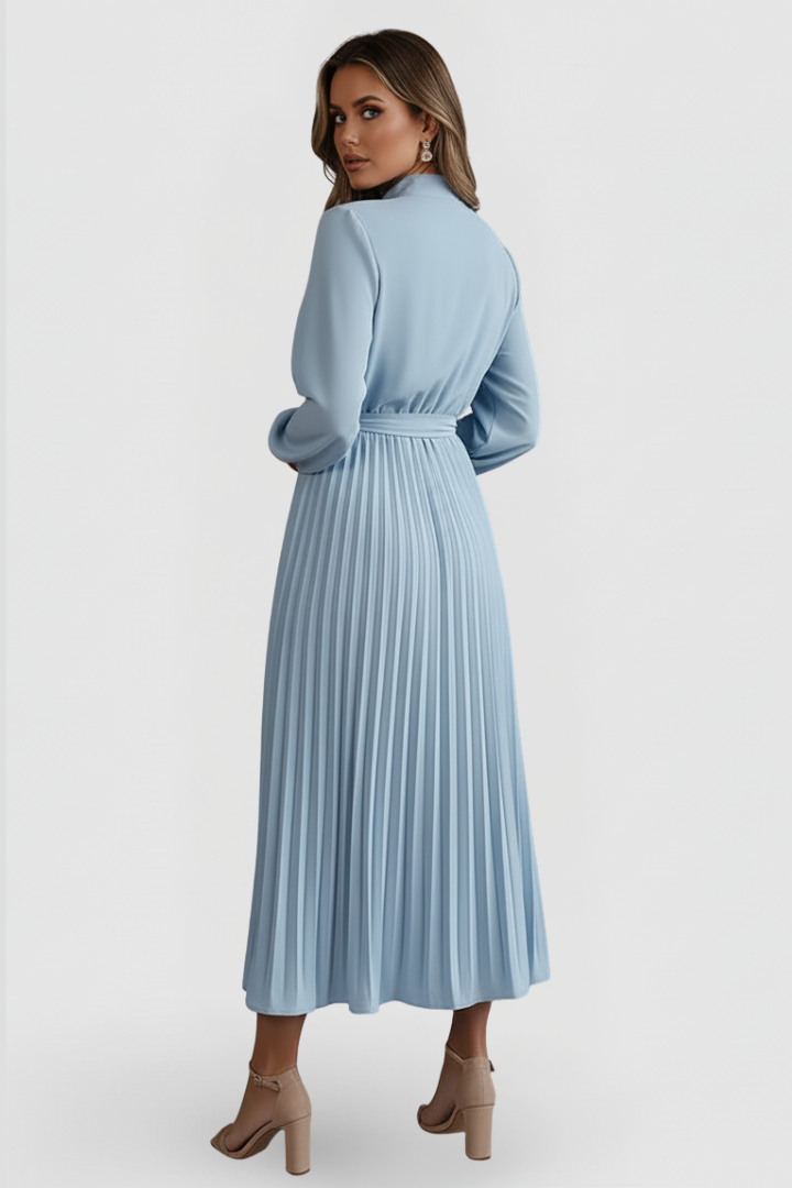 Elowen | Elegant Black Dress – Women's Mock Neck Long Sleeve Pleated Midi Dress for Wedding Guests and Formal Events 3