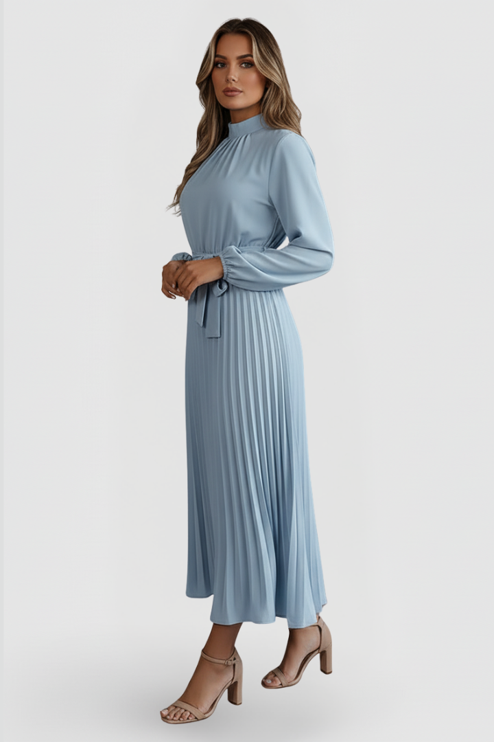 Elowen | Elegant Black Dress – Women's Mock Neck Long Sleeve Pleated Midi Dress for Wedding Guests and Formal Events 4