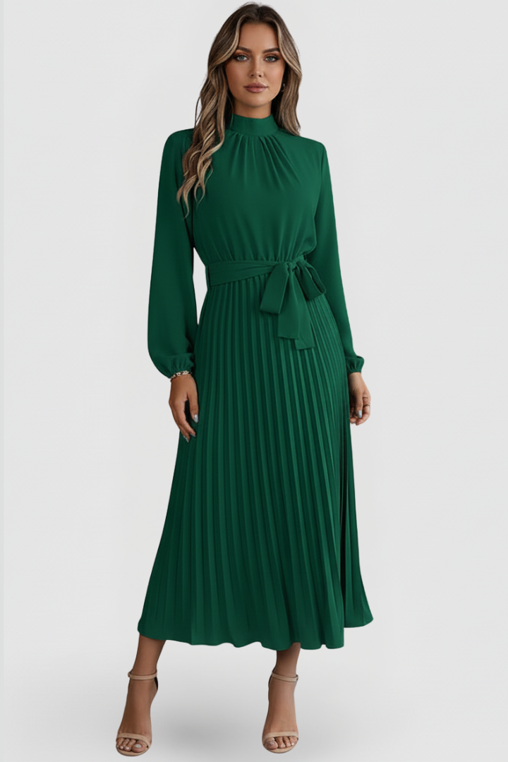 Elowen | Elegant Black Dress – Women's Mock Neck Long Sleeve Pleated Midi Dress for Wedding Guests and Formal Events 5