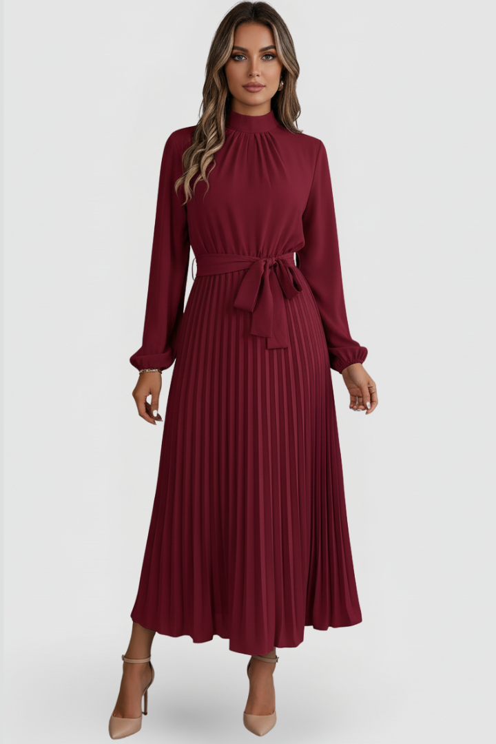 Elowen | Elegant Black Dress – Women's Mock Neck Long Sleeve Pleated Midi Dress for Wedding Guests and Formal Events 6