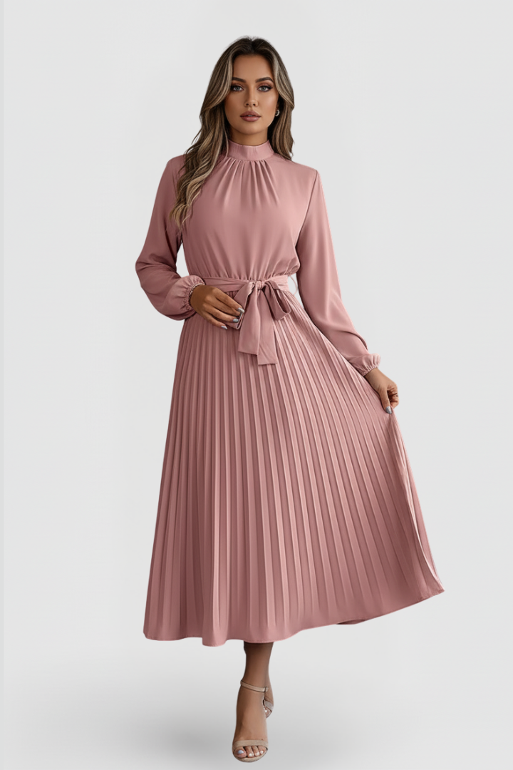 Elowen | Elegant Black Dress – Women's Mock Neck Long Sleeve Pleated Midi Dress for Wedding Guests and Formal Events 7