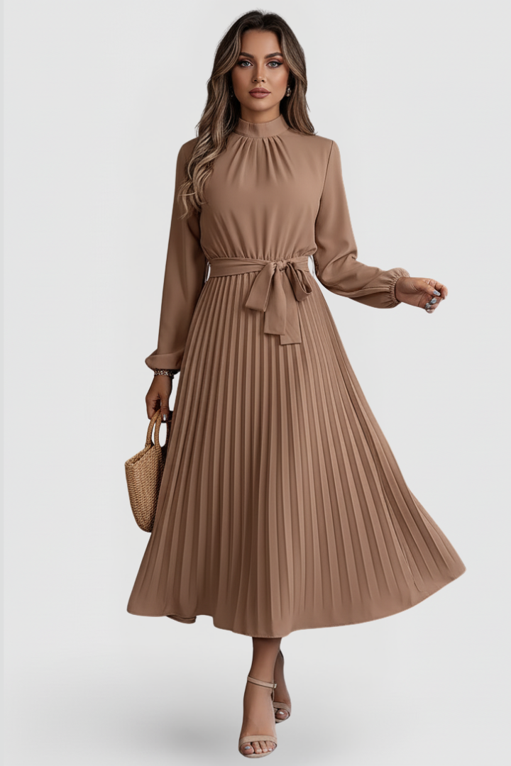 Elowen | Elegant Black Dress – Women's Mock Neck Long Sleeve Pleated Midi Dress for Wedding Guests and Formal Events 8