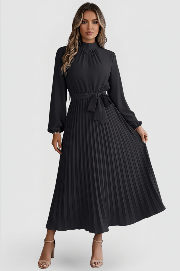 Elowen | Elegant Black Dress – Women's Mock Neck Long Sleeve Pleated Midi Dress for Wedding Guests and Formal Events 9