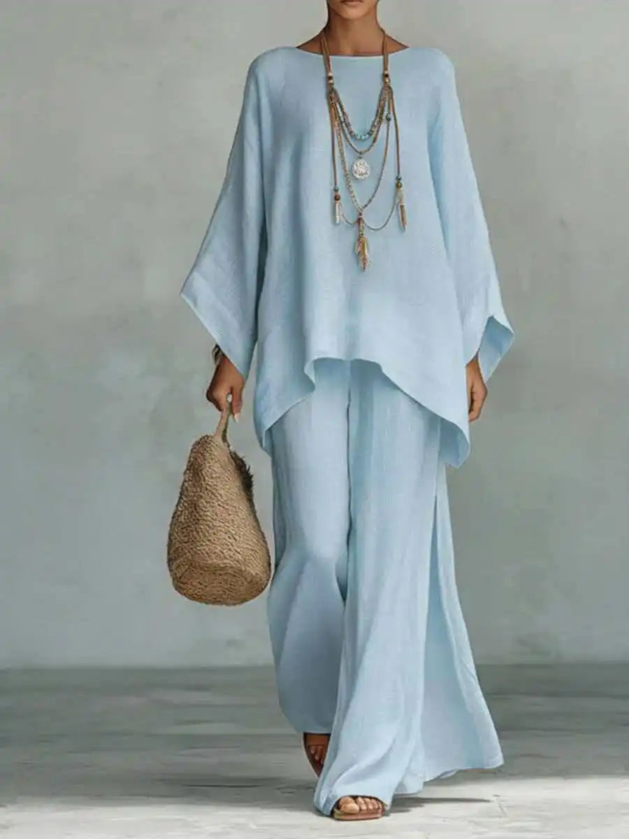 Evangeline | Elegant, Breathable & Comfortable Women's Outfit - Asymmetrical Top & Wide Leg Pants Set 6