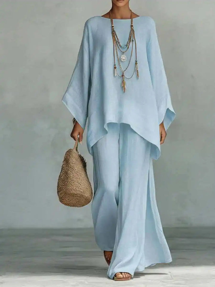 Evangeline | Elegant, Breathable & Comfortable Women's Outfit - Asymmetrical Top & Wide Leg Pants Set 6