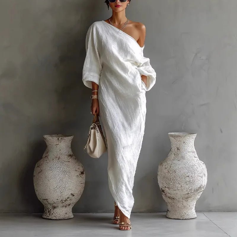 Evelyn | Elegant Asymmetrical One Shoulder Maxi Dress – Women's Summer Dress in Textured Linen 0