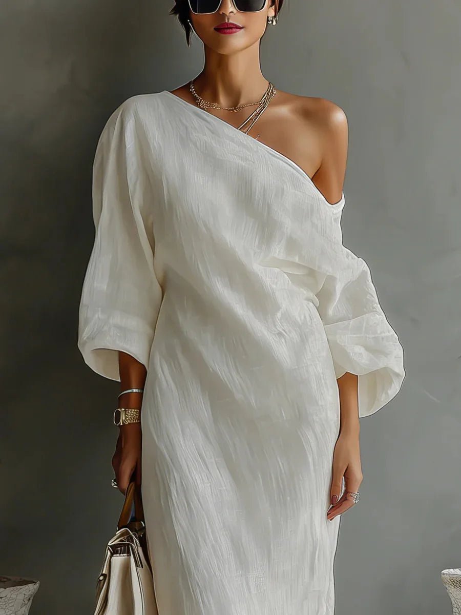 Evelyn | Elegant Asymmetrical One Shoulder Maxi Dress – Women's Summer Dress in Textured Linen 1