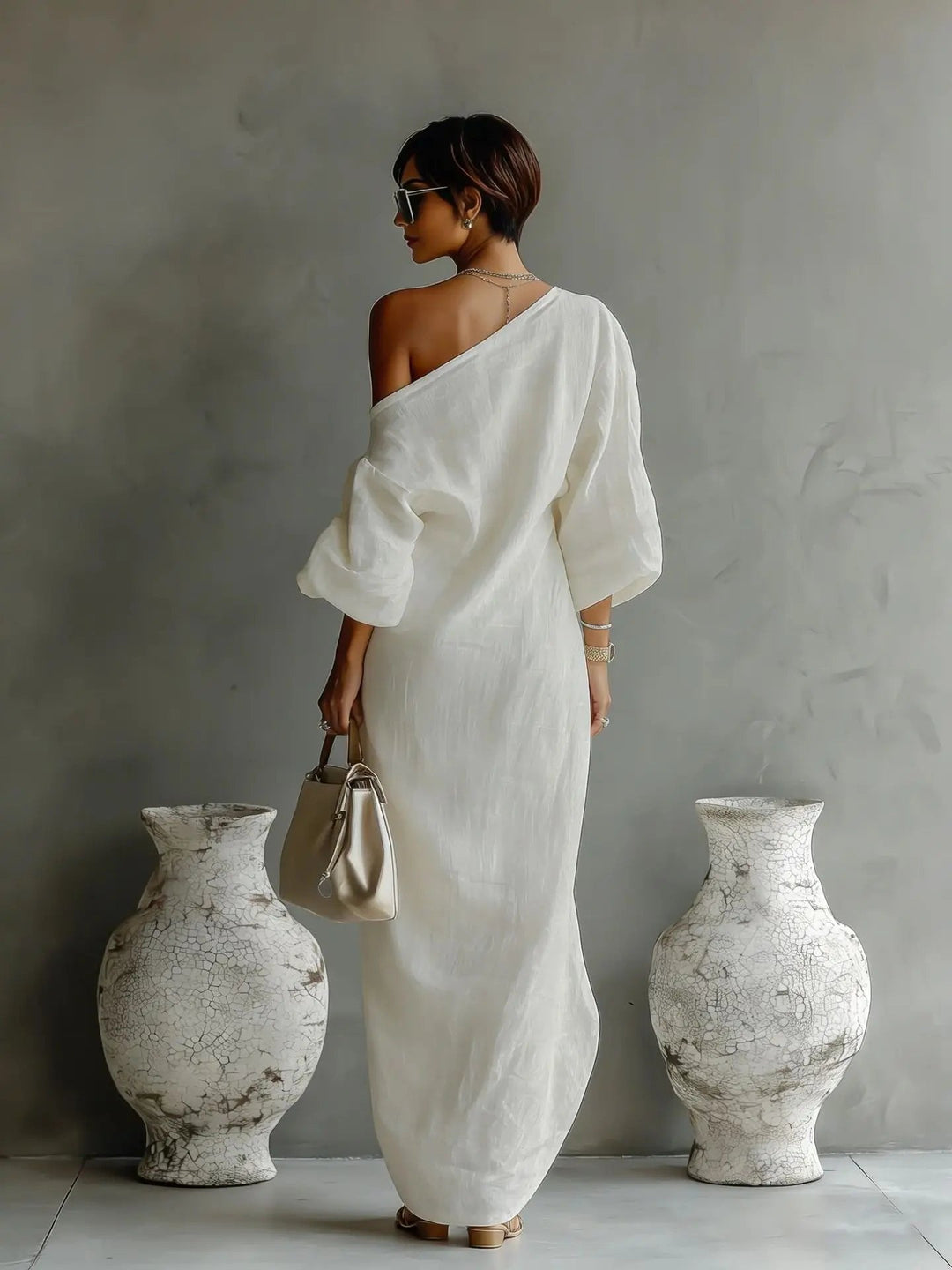 Evelyn | Elegant Asymmetrical One Shoulder Maxi Dress – Women's Summer Dress in Textured Linen 2