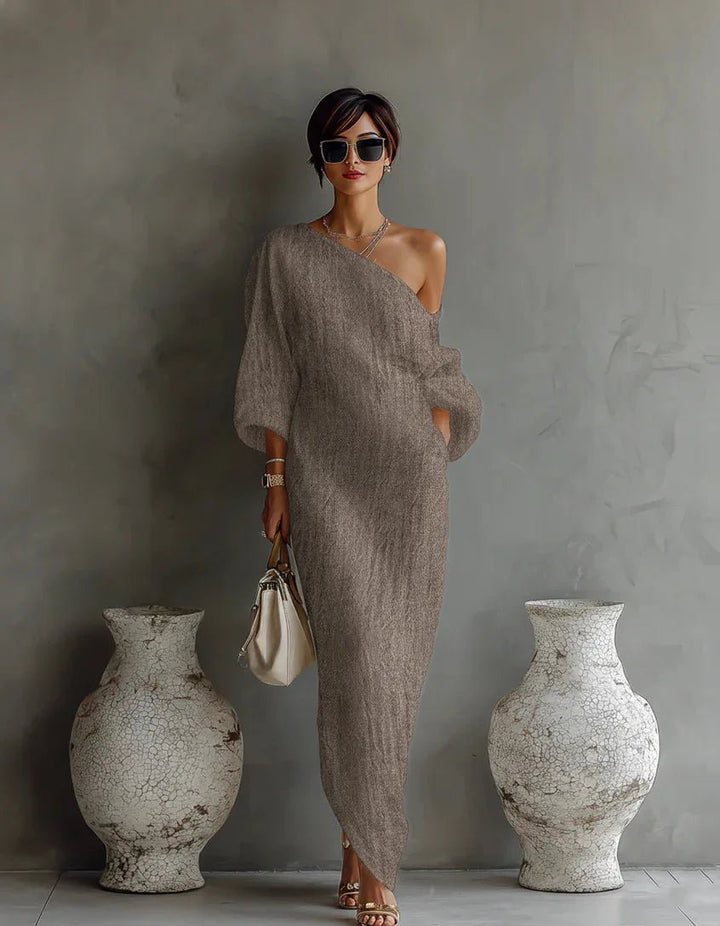 Evelyn | Elegant Asymmetrical One Shoulder Maxi Dress – Women's Summer Dress in Textured Linen 5