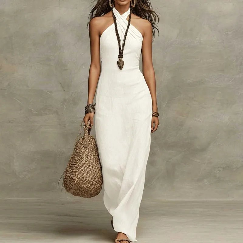Evelyn | Elegant Criss Cross Halter White Maxi Dress for Women - Effortless Long Dress Style 0