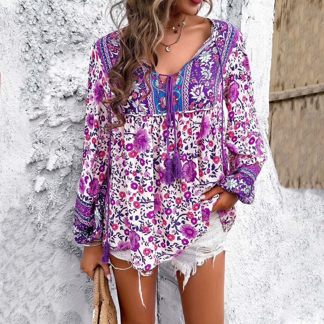 Evelyn | Women's Bohemian Floral V-Neck Tassel Drawstring Tunic Blouse 2