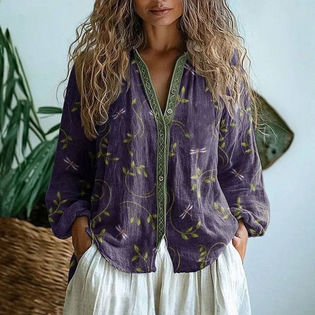 Evelyn | Women's Boho Linen Button-Down Cardigan Blouse Long Sleeve V-Neck 0