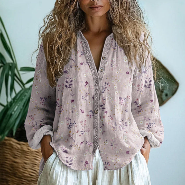 Evelyn | Women's Boho Linen Button-Down Cardigan Blouse Long Sleeve V-Neck 1