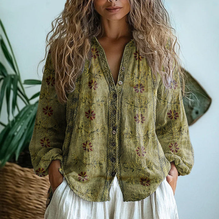 Evelyn | Women's Boho Linen Button-Down Cardigan Blouse Long Sleeve V-Neck 2
