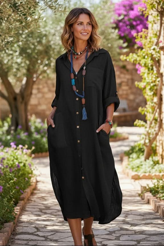 Evelyn | Women's Oversized Linen Midi Evening Gown Shirt Dress 1