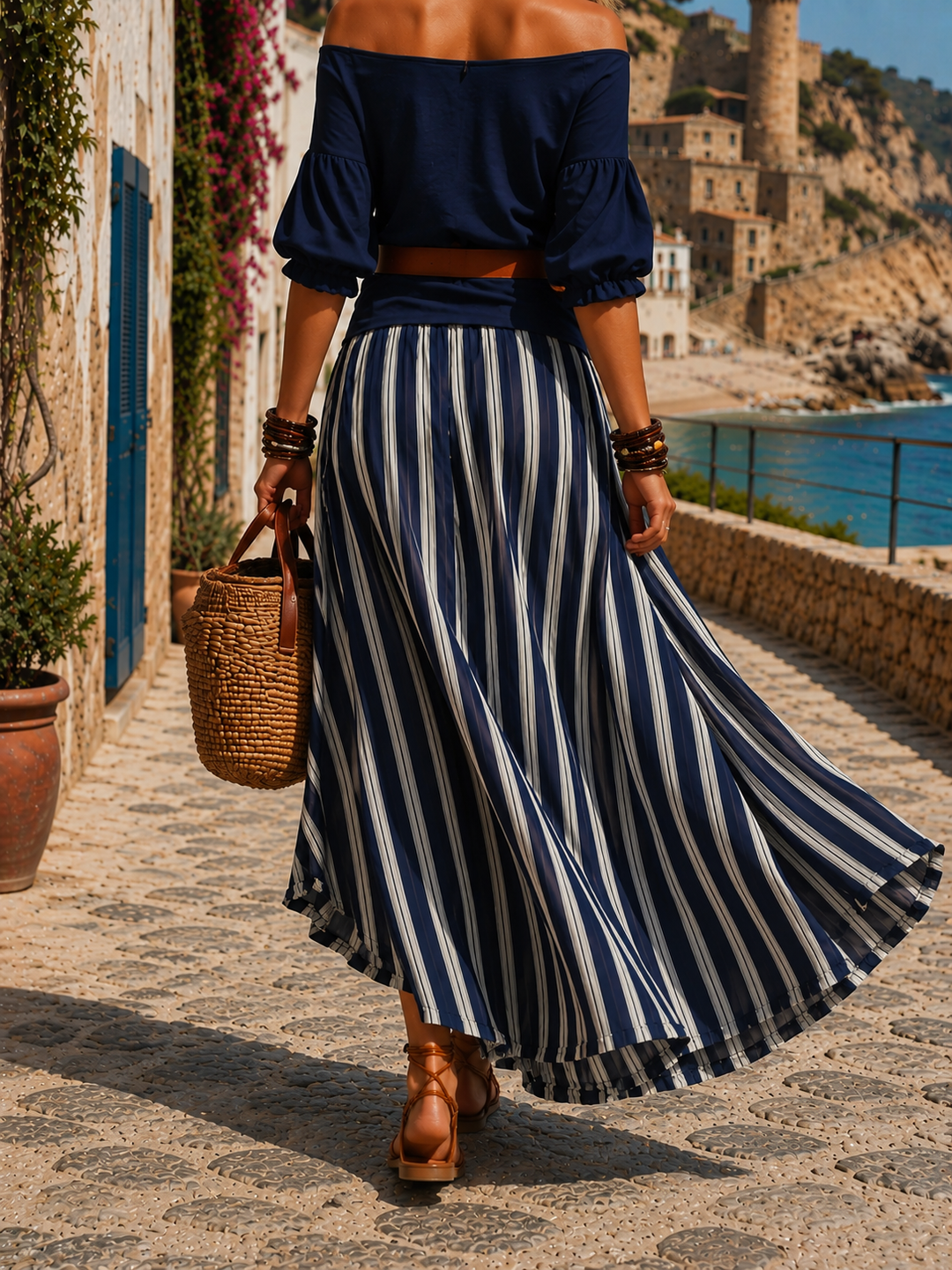 Galia | Chic Off-Shoulder Women’s Outfit – Nautical-Inspired Top & Skirt Set 2