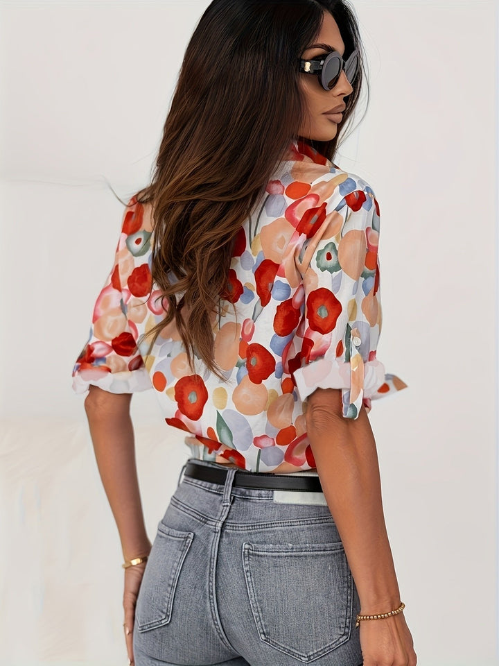 Gina | Bold Watercolor Floral Print Women’s Button Down Blouse 2