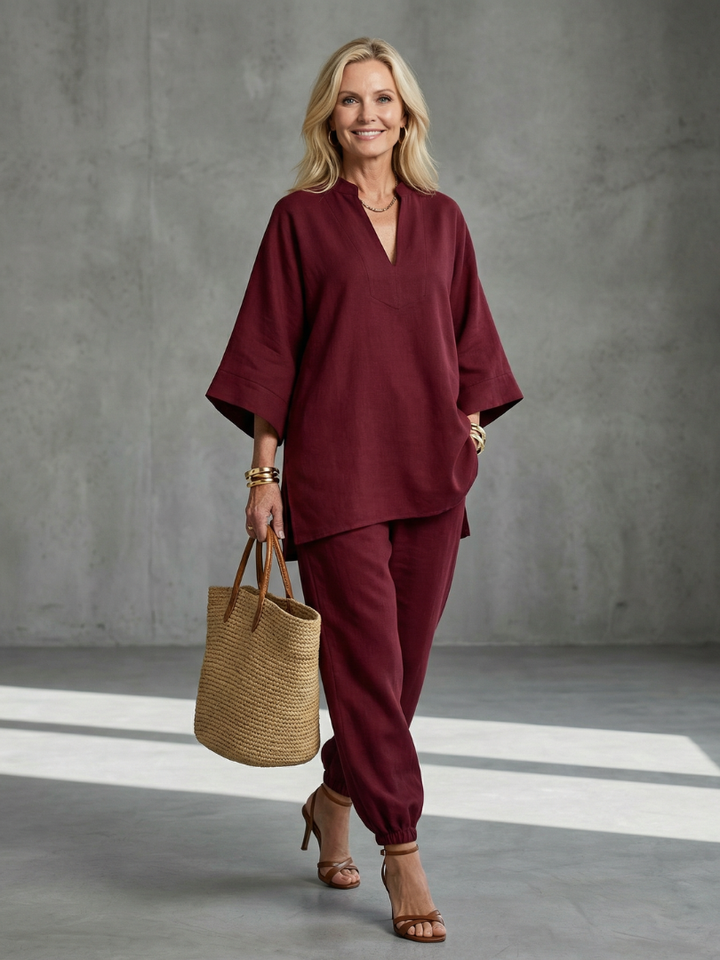 Gina | Lightweight, Relaxed Fit V-Neck Tunic & Trousers Set - Elegant & Casual 0