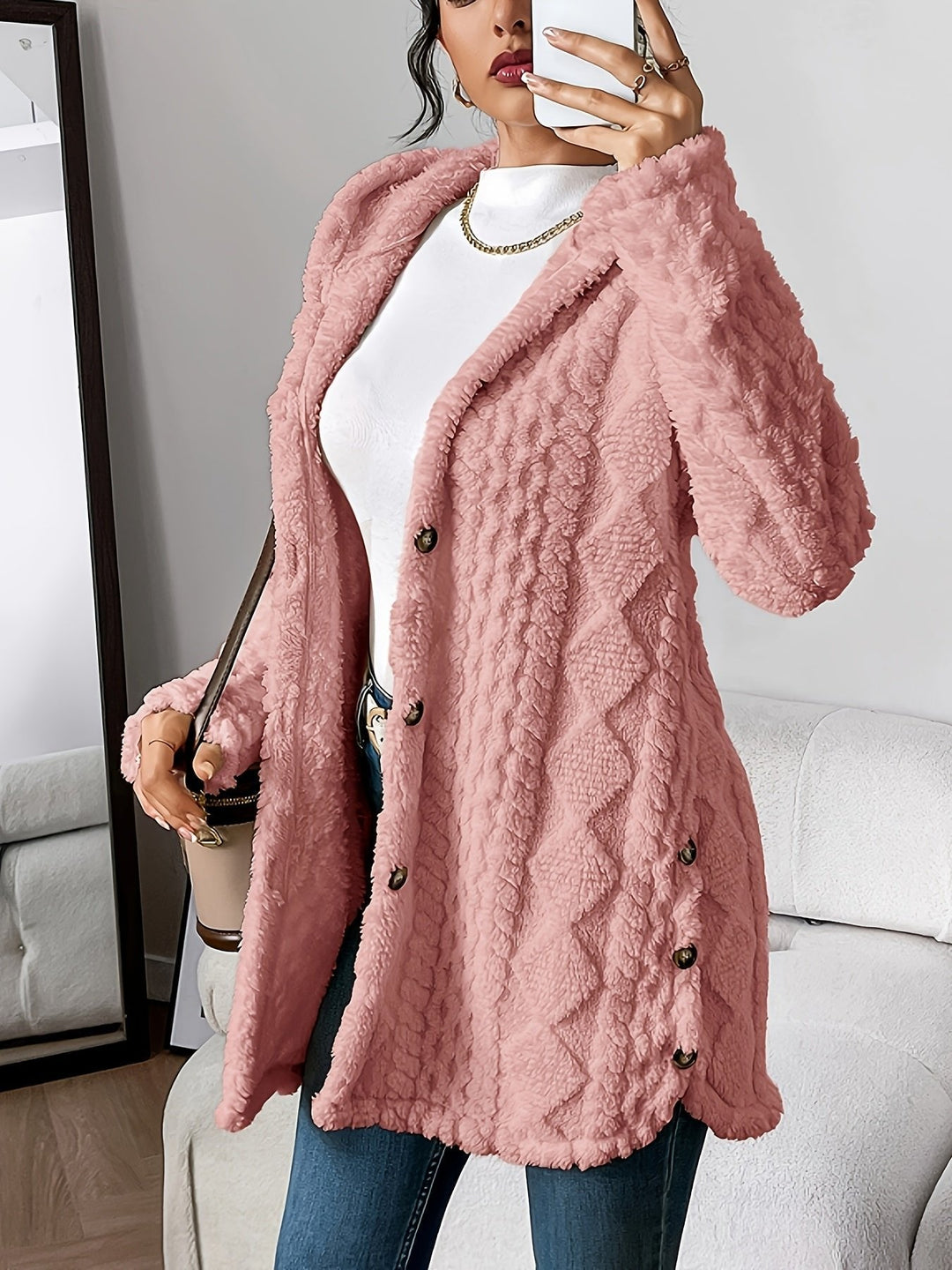 Grace | Women's Plush Hooded Button-Front Long Cardigan 7