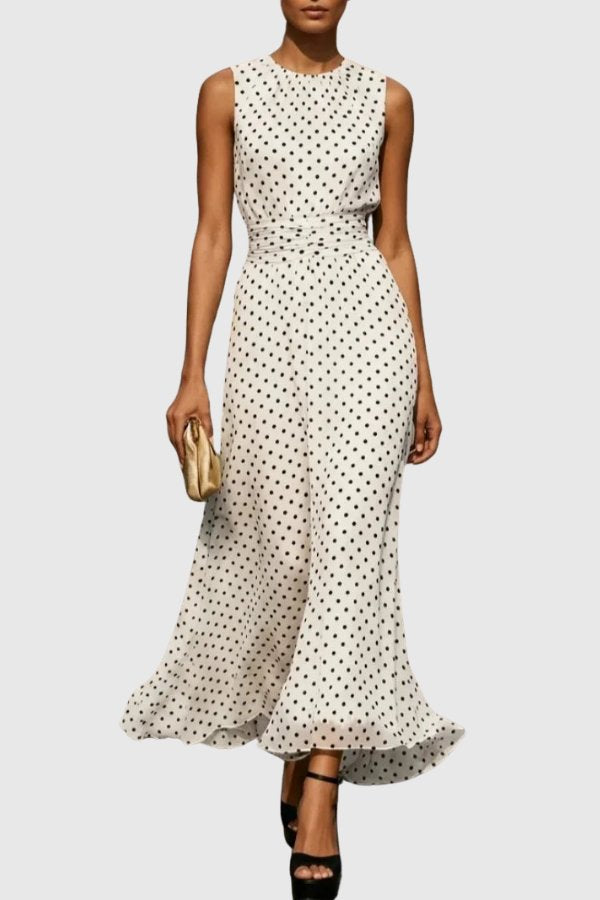 Grace | Women's Polka Dot Sleeveless Ruffle Hem Maxi Evening Gown 0