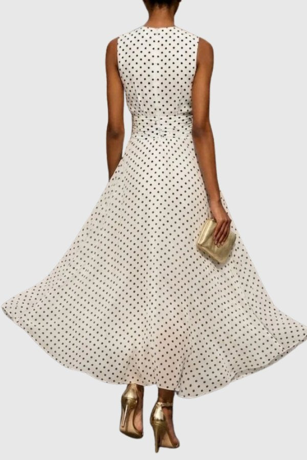Grace | Women's Polka Dot Sleeveless Ruffle Hem Maxi Evening Gown 1