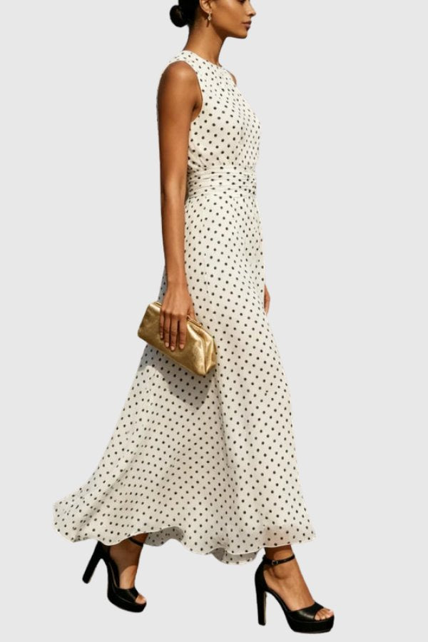 Grace | Women's Polka Dot Sleeveless Ruffle Hem Maxi Evening Gown 2