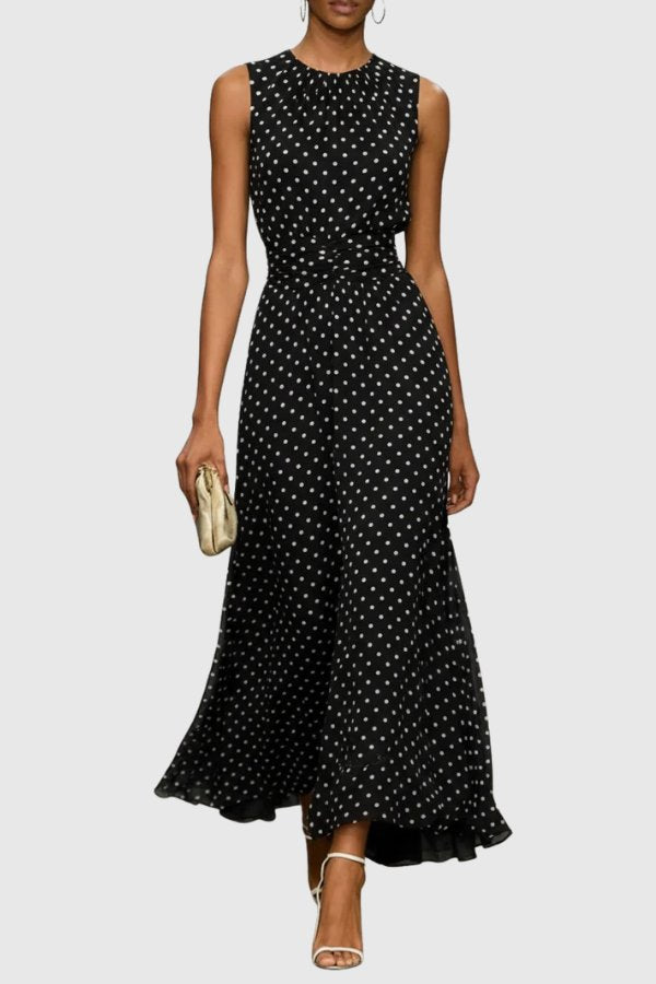Grace | Women's Polka Dot Sleeveless Ruffle Hem Maxi Evening Gown 4