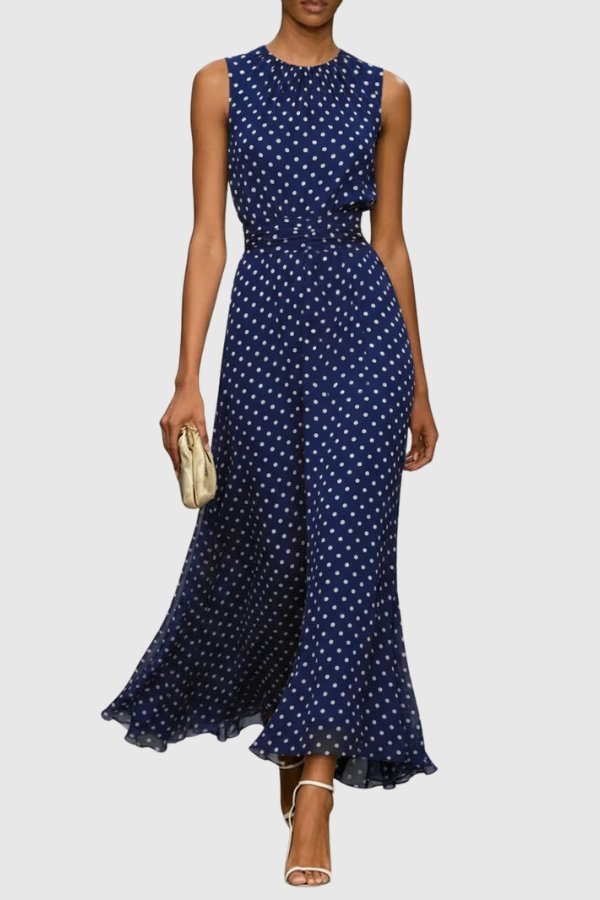 Grace | Women's Polka Dot Sleeveless Ruffle Hem Maxi Evening Gown 5