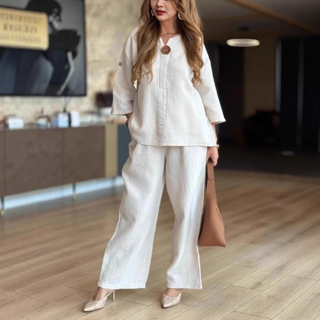 Grace | Women's Relaxed Linen-Look 3/4 Sleeve Tunic Wide-Leg Pants Set 1
