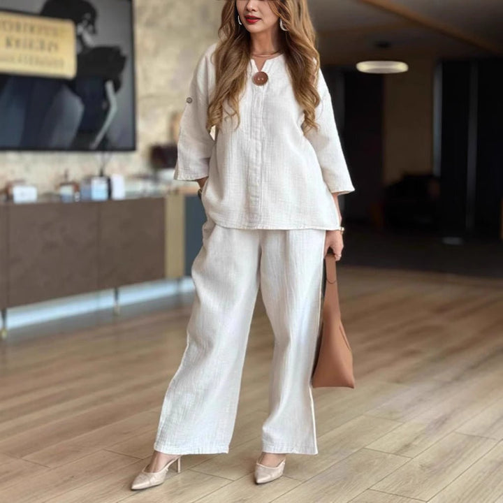 Grace | Women's Relaxed Linen-Look 3/4 Sleeve Tunic Wide-Leg Pants Set 1