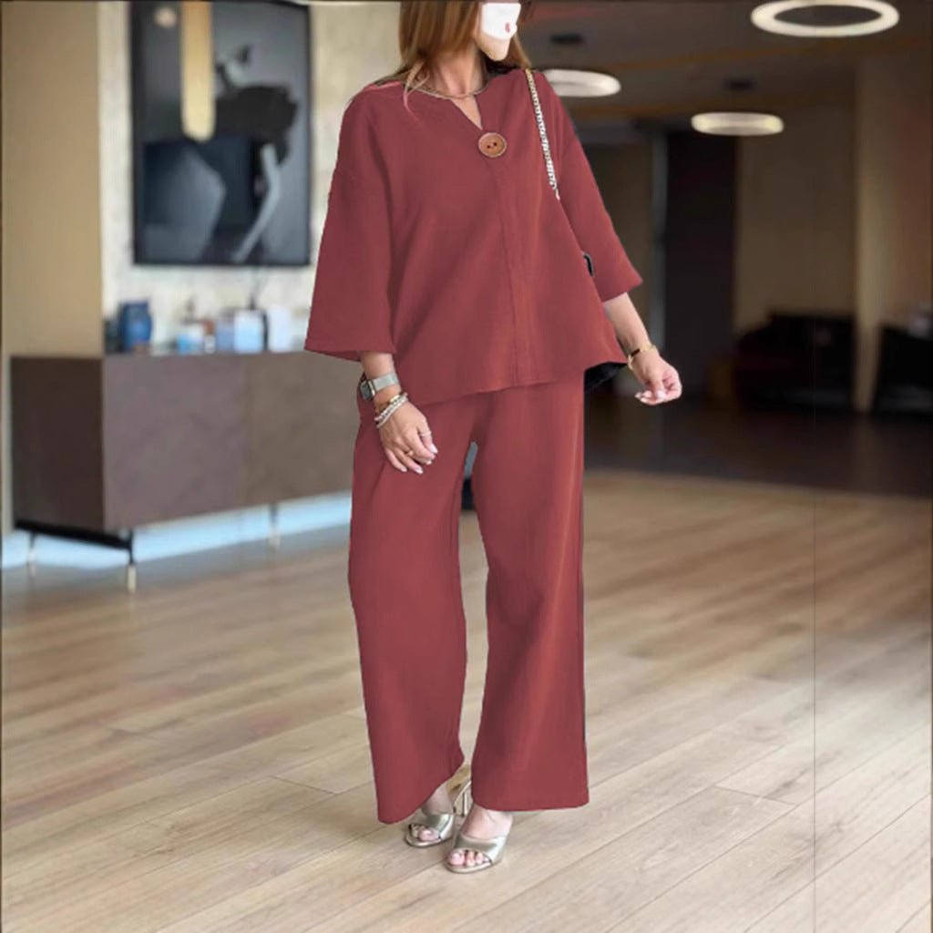 Grace | Women's Relaxed Linen-Look 3/4 Sleeve Tunic Wide-Leg Pants Set 3
