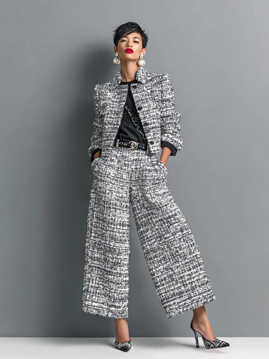 Harlow | Elegant Two Piece Set – Matching Tweed Jacket & Wide-Leg Pants for Women 1