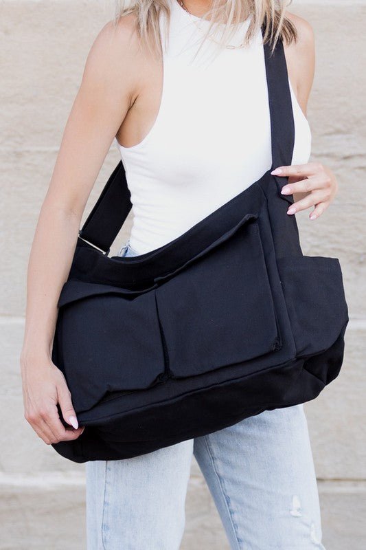 Harper | Women's Oversized Black Canvas Tote Bag Crossbody Messenger 0