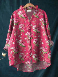 Evelyn | Relaxed-Fit Floral Ruffle-Trim Linen Button-Down Blouse
