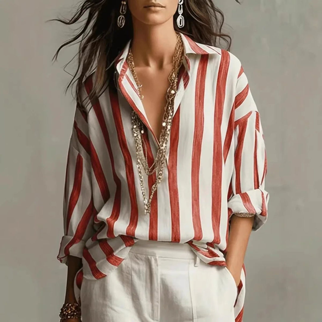 Harper | Women's Relaxed-Fit Vertical Striped Open-Collar Long Sleeve Blouse 2