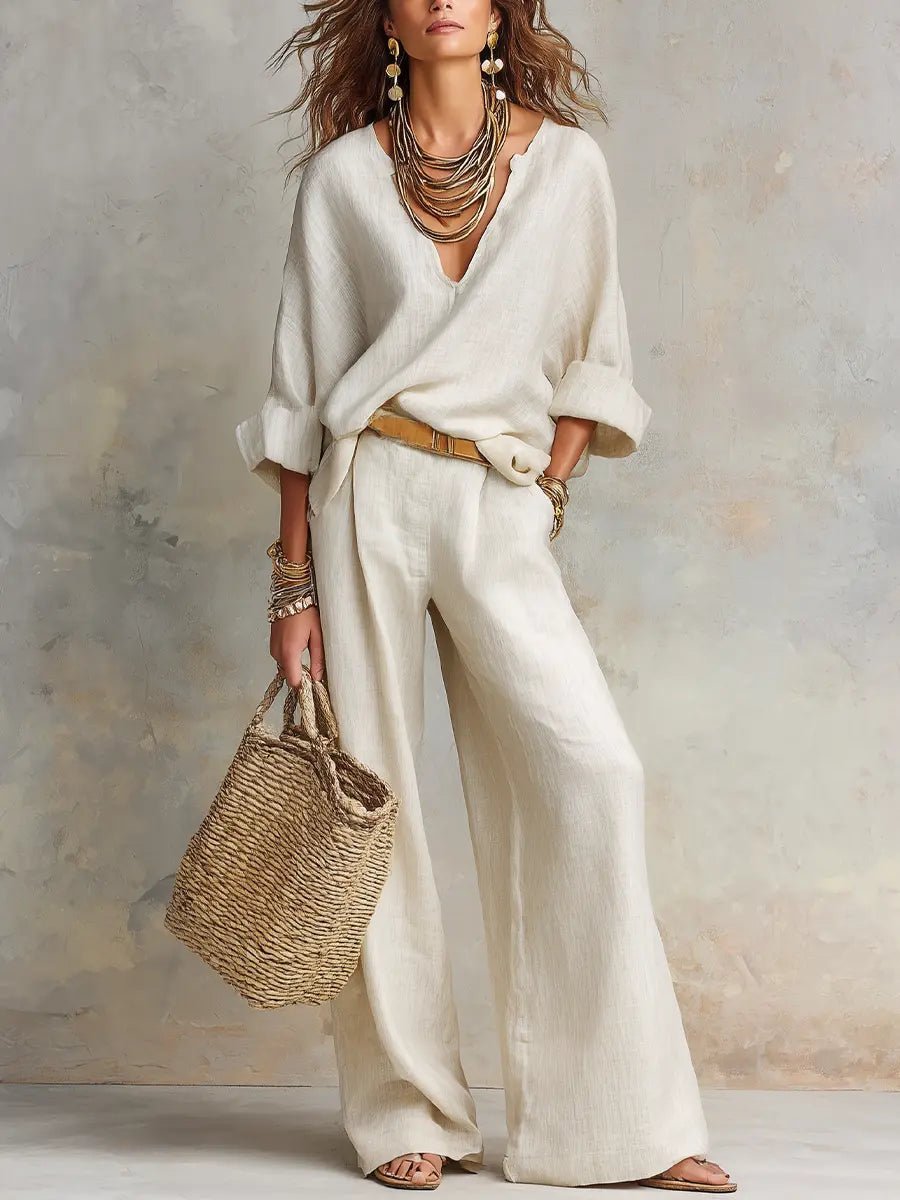 Harper | Women's Relaxed V-Neck Linen Two-Piece Wide Leg Pants Set 0